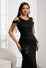 Load image into Gallery viewer, Sparkly Black Mermaid Fringed Cold Shoulder Long Prom Dress with Slit