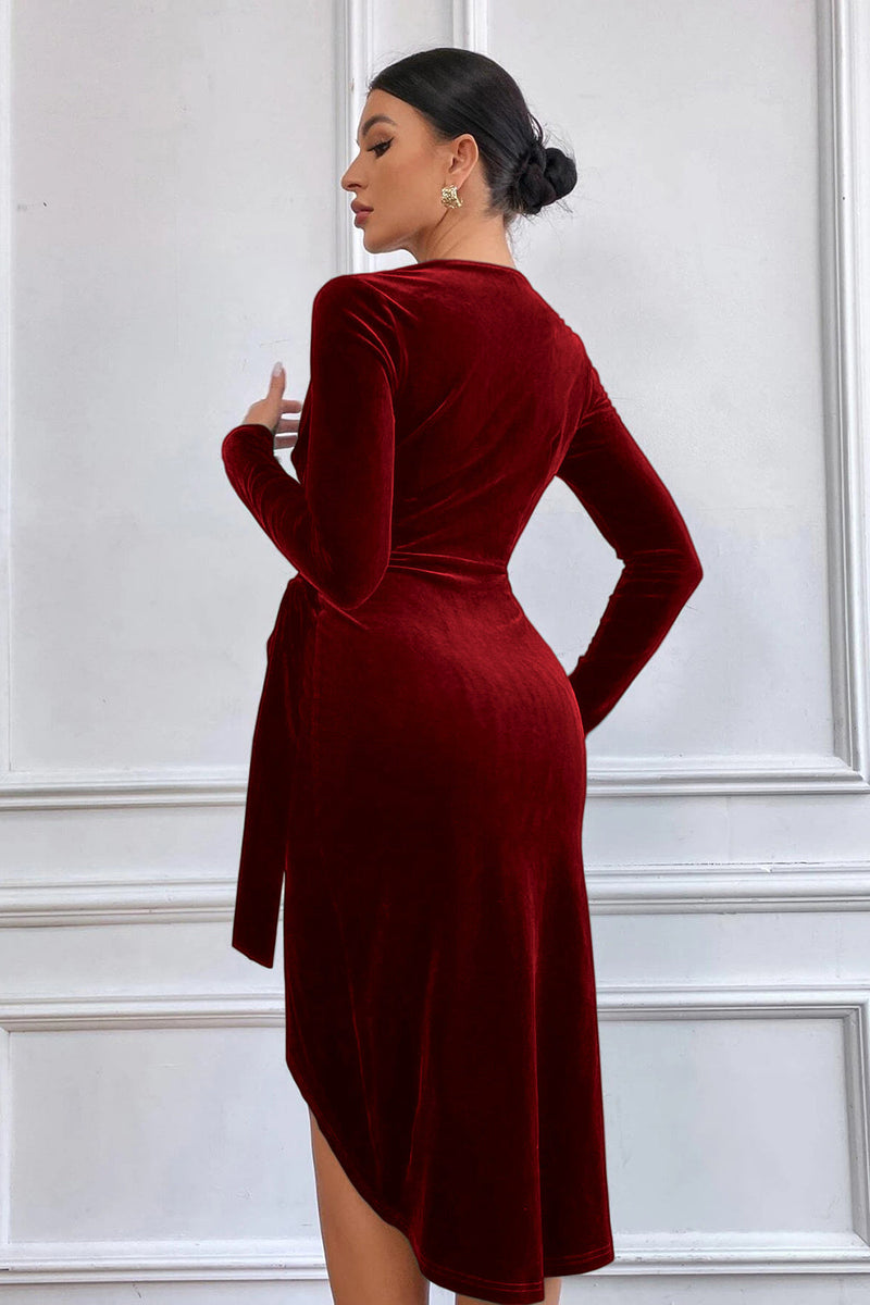 Load image into Gallery viewer, Burgundy Velvet Wrap Long Sleeves Cocktail Dress