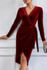 Load image into Gallery viewer, Burgundy Velvet Wrap Long Sleeves Cocktail Dress