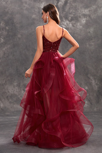 Sparkly Burgundy A Line Ruffle Tiered Long Prom Dress with Sequins