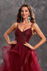 Load image into Gallery viewer, Sparkly Burgundy A Line Ruffle Tiered Long Prom Dress with Sequins