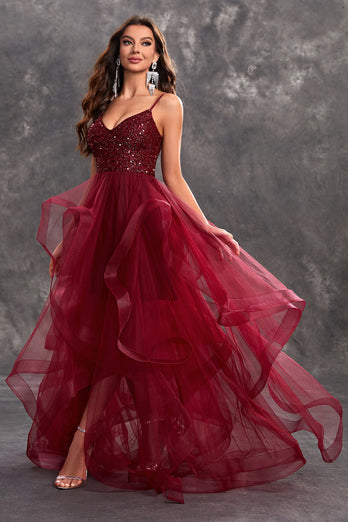 Sparkly Burgundy A Line Ruffle Tiered Long Prom Dress with Sequins