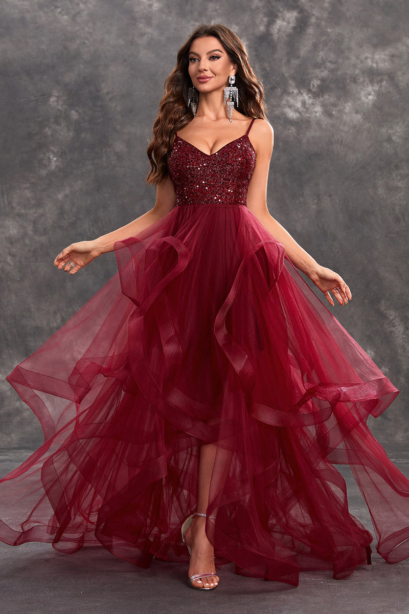 Load image into Gallery viewer, Sparkly Burgundy A Line Ruffle Tiered Long Prom Dress with Sequins