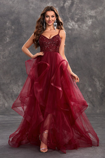 Sparkly Burgundy A Line Ruffle Tiered Long Prom Dress with Sequins