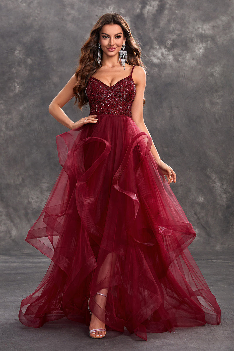 Load image into Gallery viewer, Sparkly Burgundy A Line Ruffle Tiered Long Prom Dress with Sequins