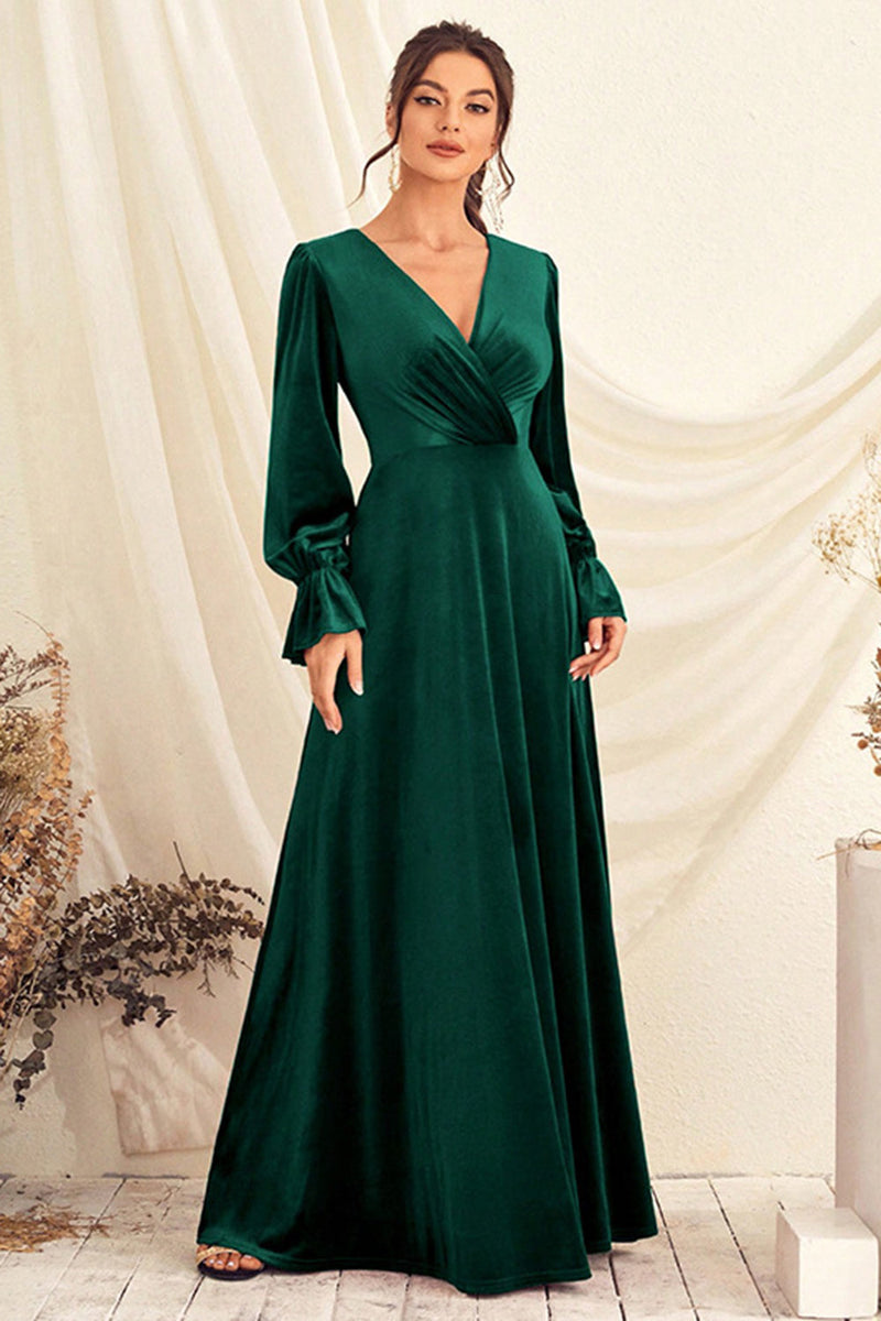 Load image into Gallery viewer, Dark Green V Neck Velvet Wrap Long Prom Dress with Long Sleeves