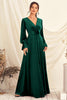 Load image into Gallery viewer, Dark Green V Neck Velvet Wrap Long Prom Dress with Long Sleeves