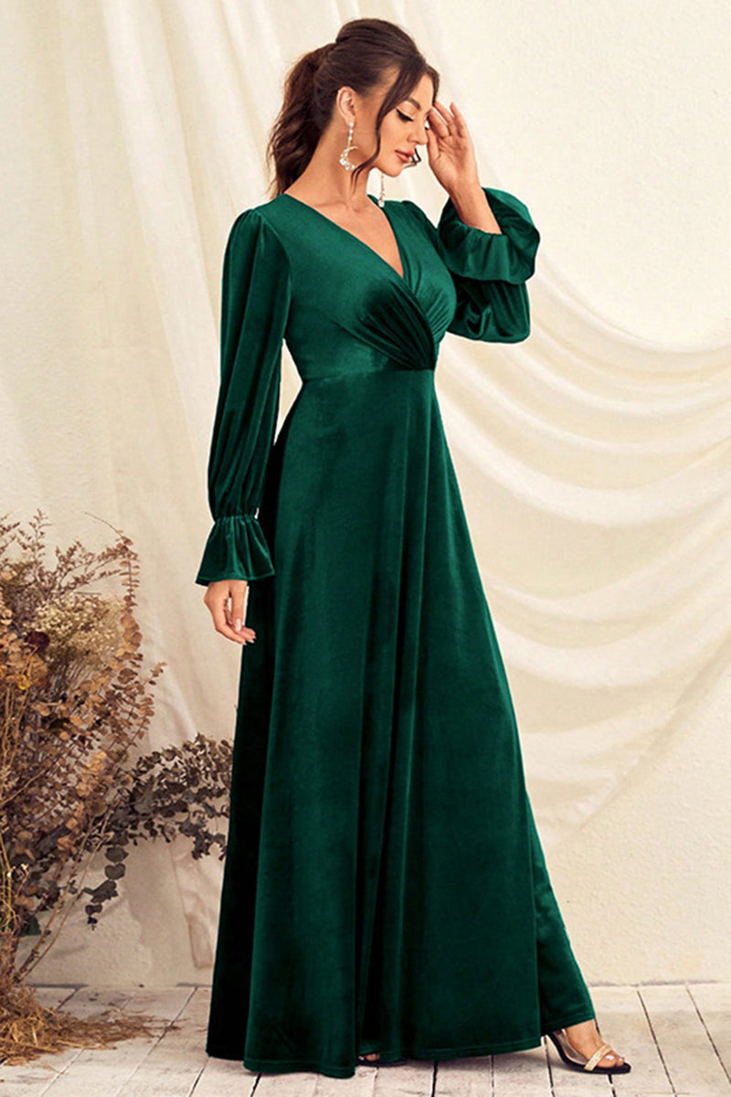 Load image into Gallery viewer, Dark Green V Neck Velvet Wrap Long Prom Dress with Long Sleeves