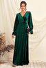 Load image into Gallery viewer, Dark Green V Neck Velvet Wrap Long Prom Dress with Long Sleeves