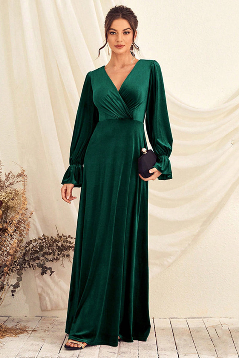 Load image into Gallery viewer, Dark Green V Neck Velvet Wrap Long Prom Dress with Long Sleeves