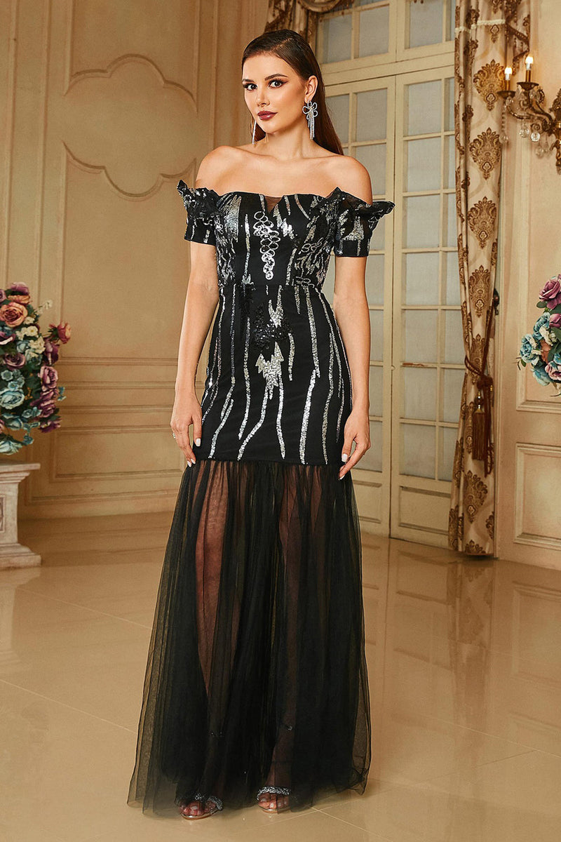 Load image into Gallery viewer, Black Bodycon Off the Shoulder Long Prom Dress