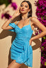 Load image into Gallery viewer, Blue A Line V Neck Spaghetti Straps Short Cocktail Dress