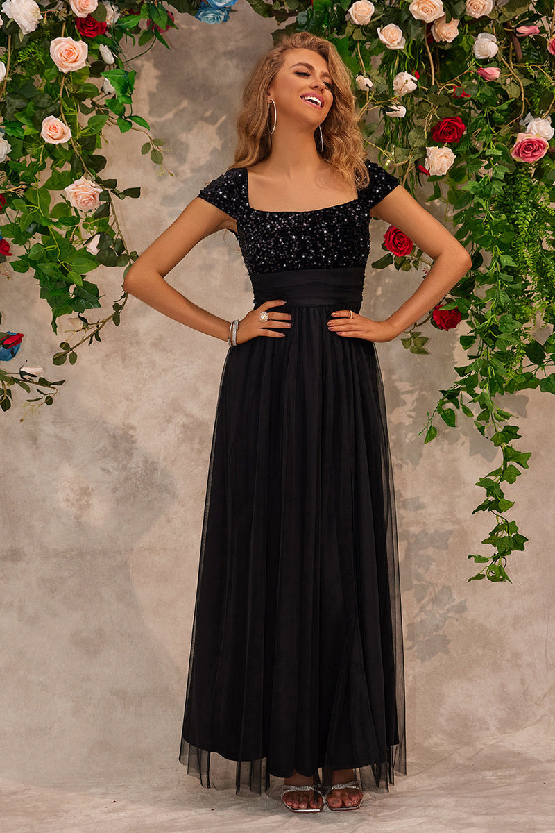 Load image into Gallery viewer, Sparkly Beading Black Square Neck Prom Dress with Slit