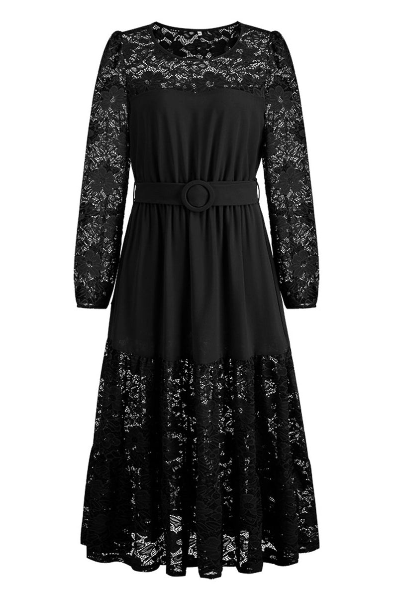 Load image into Gallery viewer, Black Lace A-Line Long Sleeves Scoop Long Party Dress with Belt