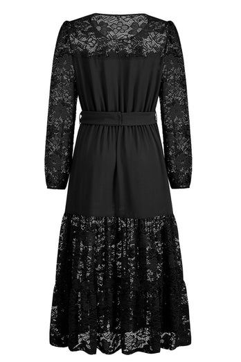 Black Lace A-Line Long Sleeves Scoop Long Party Dress with Belt