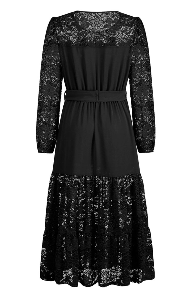 Load image into Gallery viewer, Black Lace A-Line Long Sleeves Scoop Long Party Dress with Belt