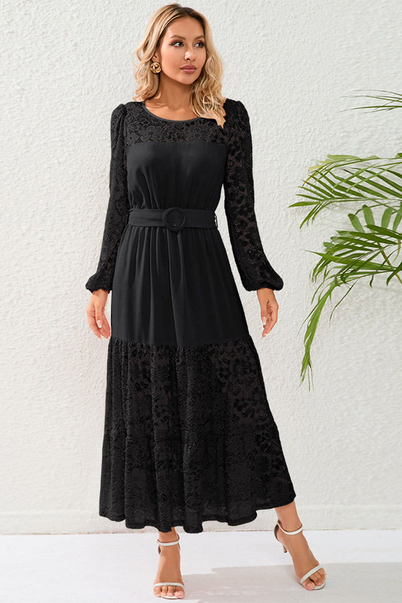 Load image into Gallery viewer, Black Lace A-Line Long Sleeves Scoop Long Party Dress with Belt