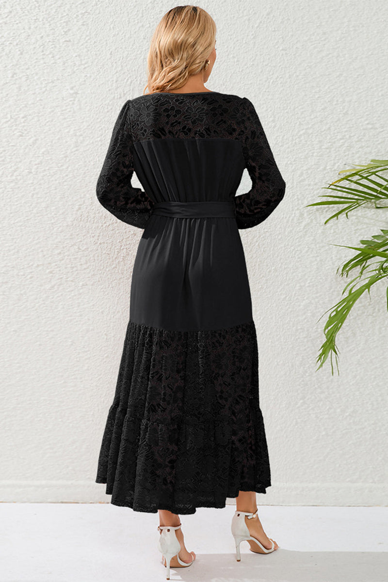 Load image into Gallery viewer, Black Lace A-Line Long Sleeves Scoop Long Party Dress with Belt