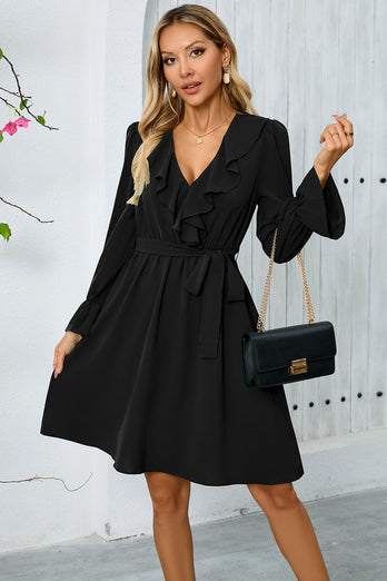 Black Ruffle Bell Long Sleeves A Line Short Party Dress with Belt