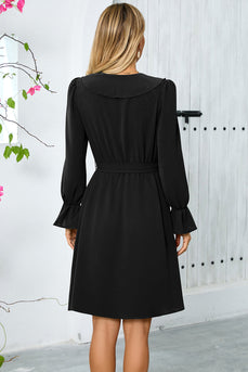 Black Ruffle Bell Long Sleeves A Line Short Party Dress with Belt