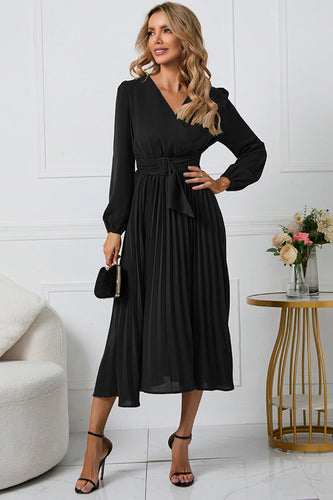 Black A-Line Wrap Long Sleeves Long Party Dress