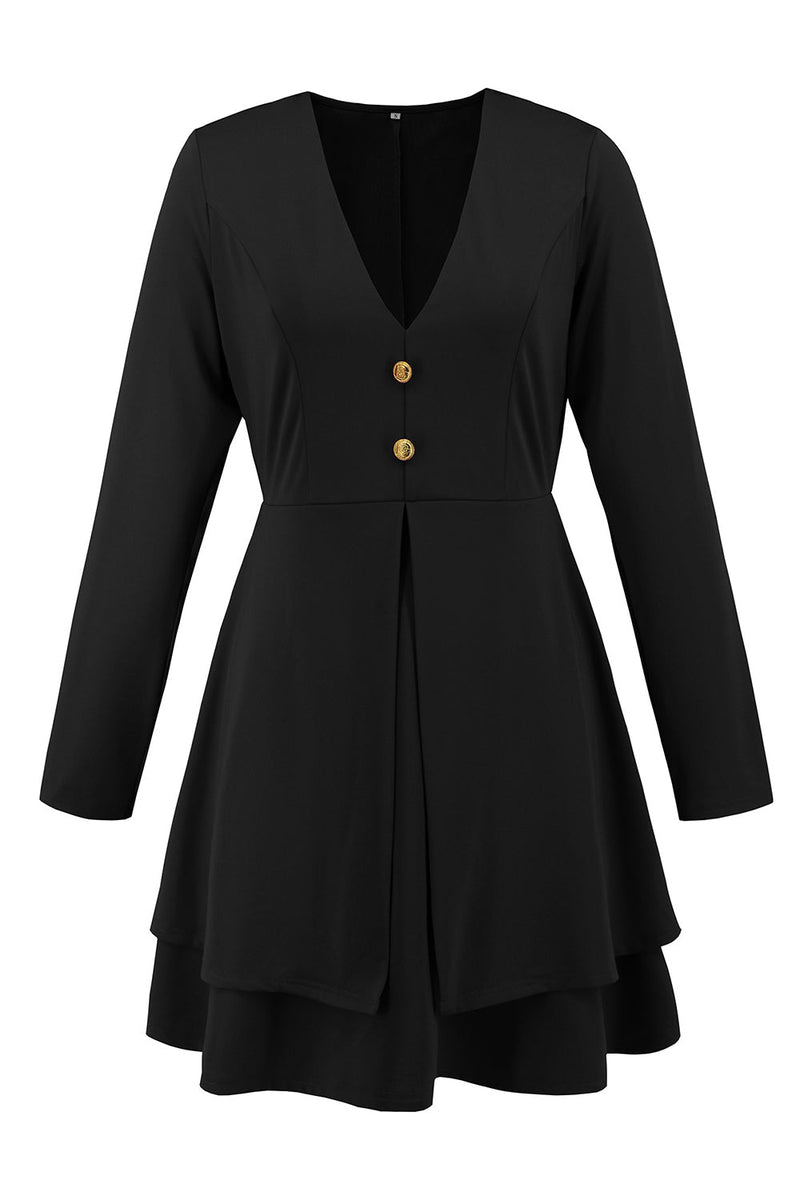 Load image into Gallery viewer, Black A Line Long Sleeves V Neck Buttons Short Party Dress