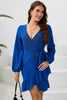 Load image into Gallery viewer, Royal Blue V Neck Wrap Ruffle Long Sleeves Short Party Dress