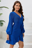 Load image into Gallery viewer, Royal Blue V Neck Wrap Ruffle Long Sleeves Short Party Dress