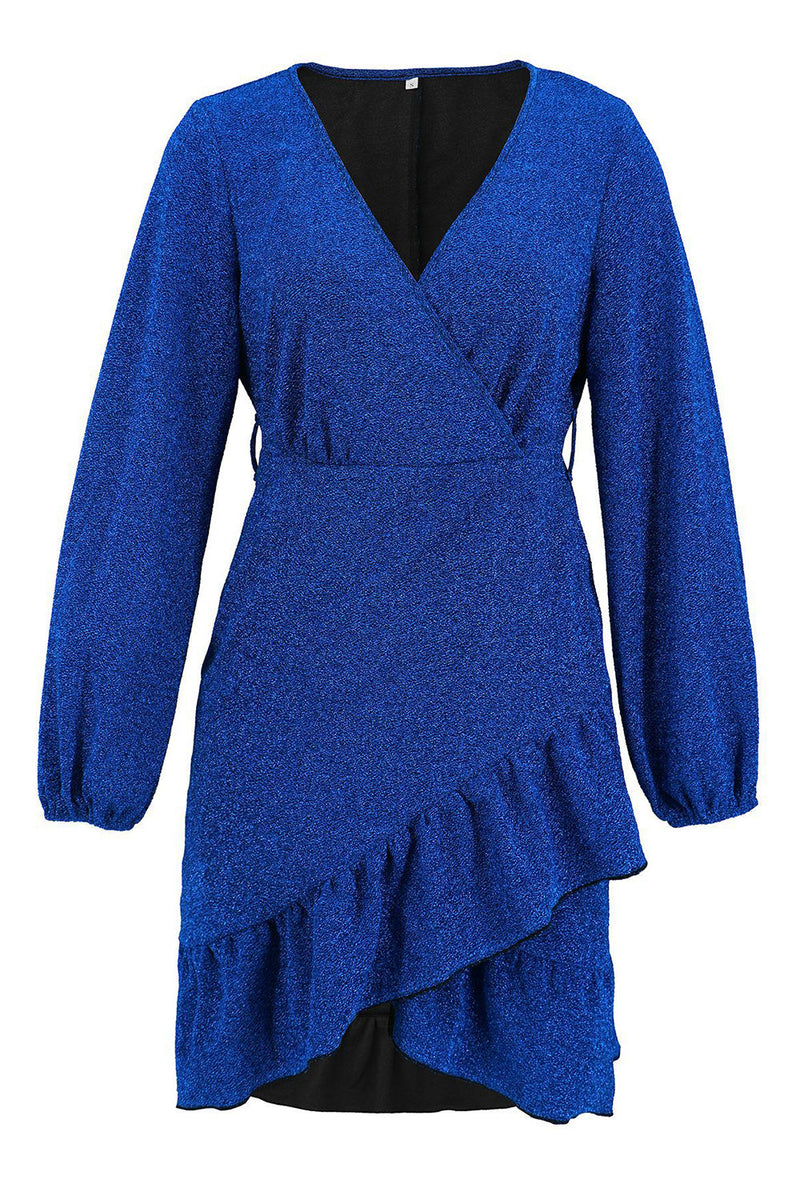 Load image into Gallery viewer, Royal Blue V Neck Wrap Ruffle Long Sleeves Short Party Dress