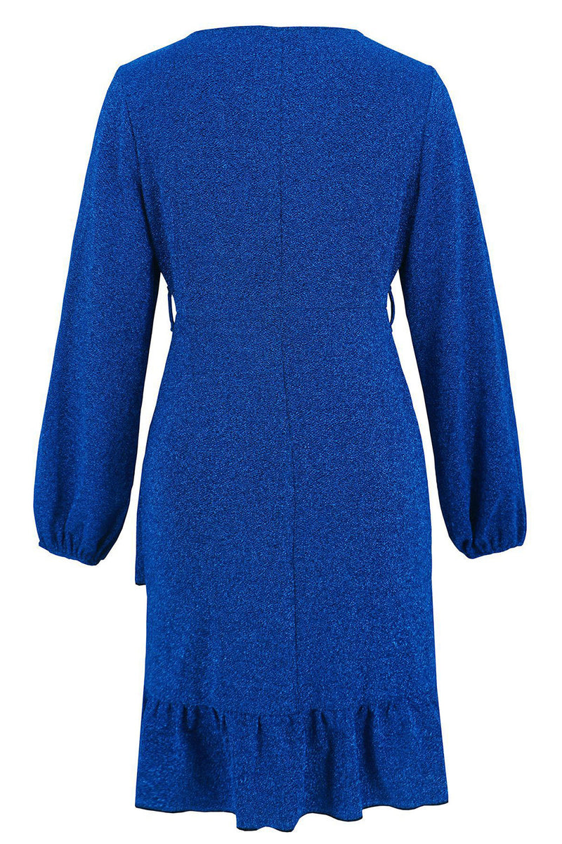 Load image into Gallery viewer, Royal Blue V Neck Wrap Ruffle Long Sleeves Short Party Dress