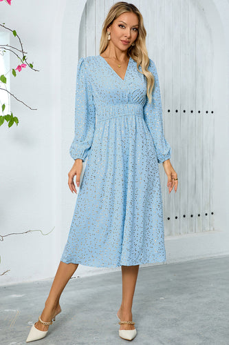 Sparkly Sky Blue A Line Sequins Long Sleeves V Neck Long Party Dress