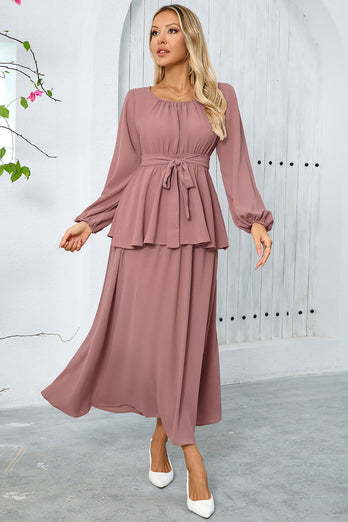 Dusty Rose A Line Chiffon Party Dress with Long Sleeves