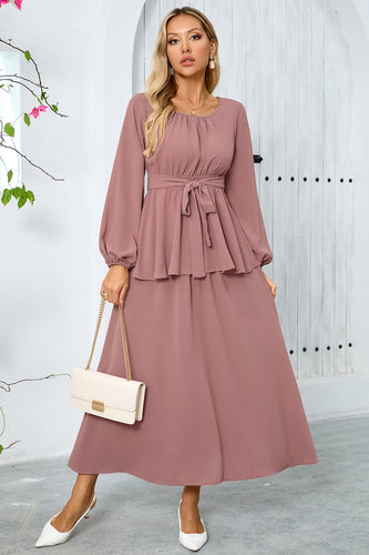 Dusty Rose A Line Chiffon Party Dress with Long Sleeves