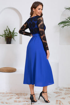 Royal Blue A Line Lace Top Long Sleeves Tea Length Party Dress with Sash