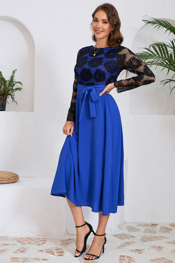 Royal Blue A Line Lace Top Long Sleeves Tea Length Party Dress with Sash