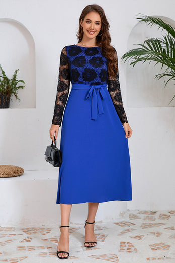 Royal Blue A Line Lace Top Long Sleeves Tea Length Party Dress with Sash