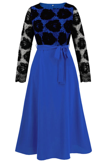 Royal Blue A Line Lace Top Long Sleeves Tea Length Party Dress with Sash