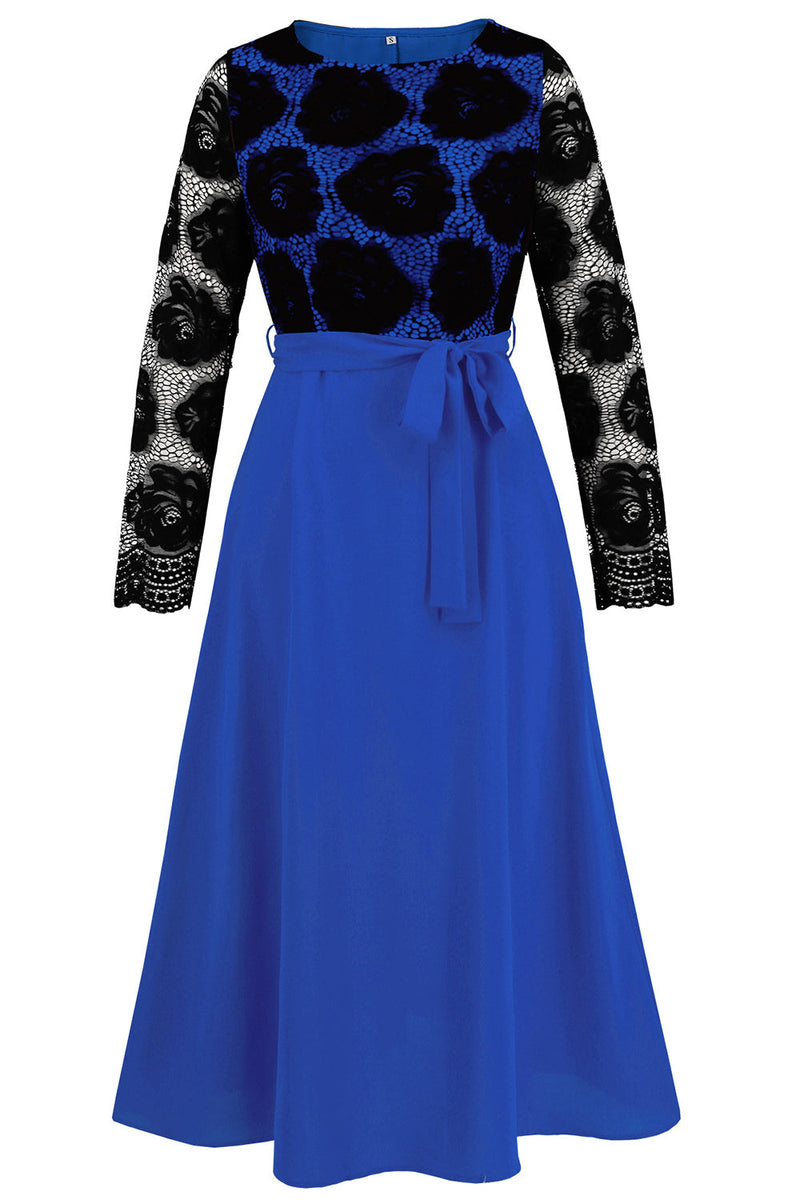 Load image into Gallery viewer, Royal Blue A Line Lace Top Long Sleeves Tea Length Party Dress with Sash