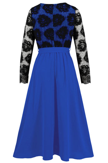 Royal Blue A Line Lace Top Long Sleeves Tea Length Party Dress with Sash