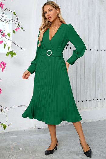 Green A Line V-Neck Long Cocktail Dress with Long Sleeves