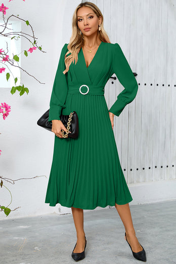 Green A Line V-Neck Long Cocktail Dress with Long Sleeves