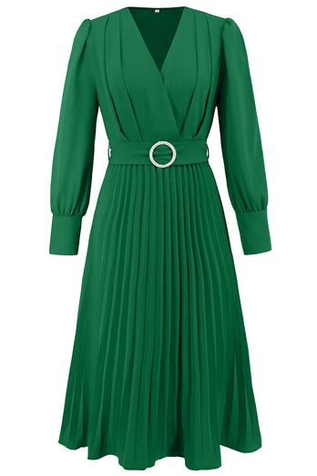 Green A Line V-Neck Long Cocktail Dress with Long Sleeves