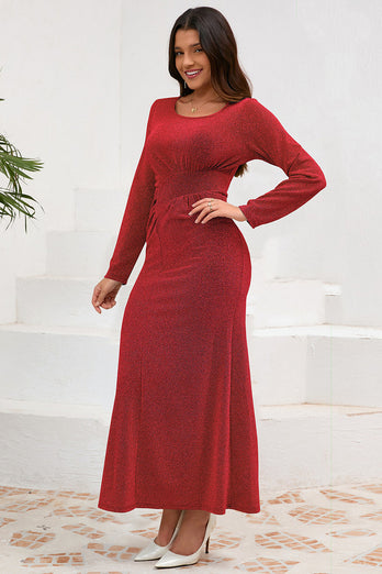 Red Mermaid Scoop Neck Long Party Dress with Long Sleeves