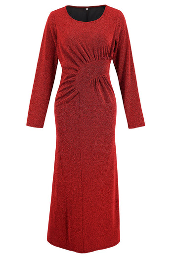 Red Mermaid Scoop Neck Long Party Dress with Long Sleeves