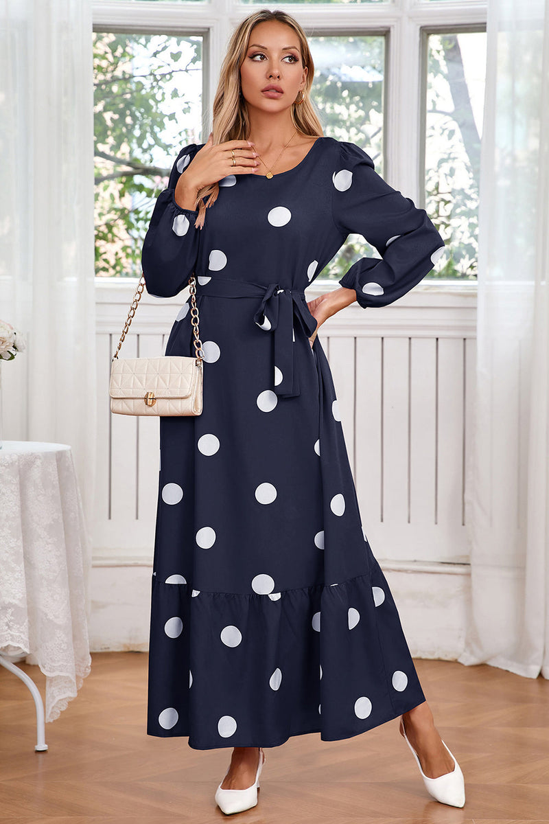 Load image into Gallery viewer, Navy Scoop Neck Polka Dots Long Cocktail Dress with Sash