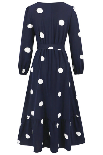 Navy Scoop Neck Polka Dots Long Cocktail Dress with Sash