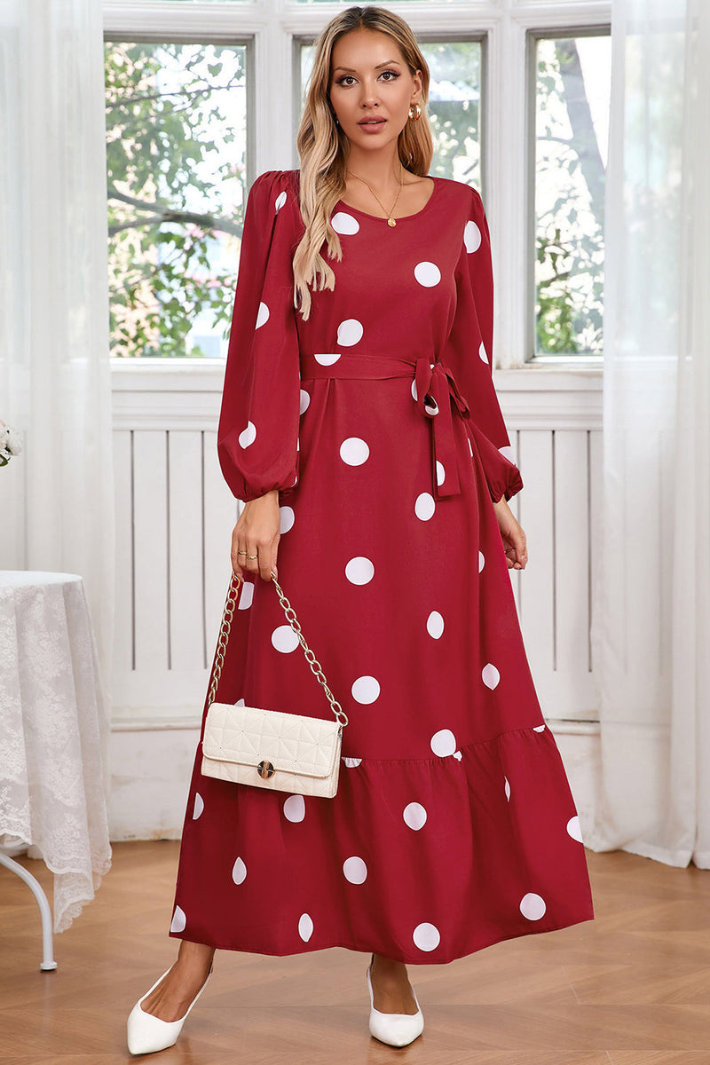 Load image into Gallery viewer, Navy Scoop Neck Polka Dots Long Cocktail Dress with Sash