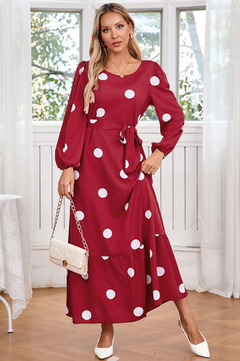 Navy Scoop Neck Polka Dots Long Cocktail Dress with Sash