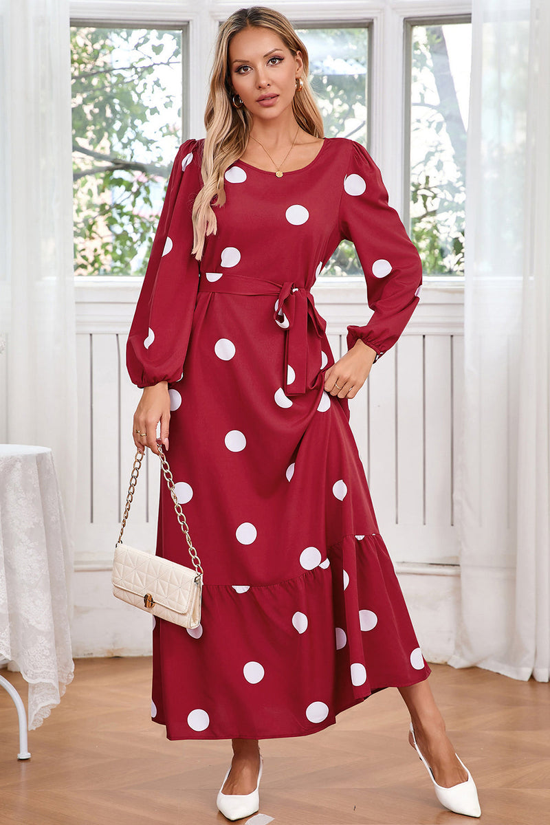 Load image into Gallery viewer, Navy Scoop Neck Polka Dots Long Cocktail Dress with Sash