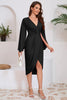 Load image into Gallery viewer, Black Mermaid V-Neck Asymmetrical Midi Cocktail Dress with Sleeves